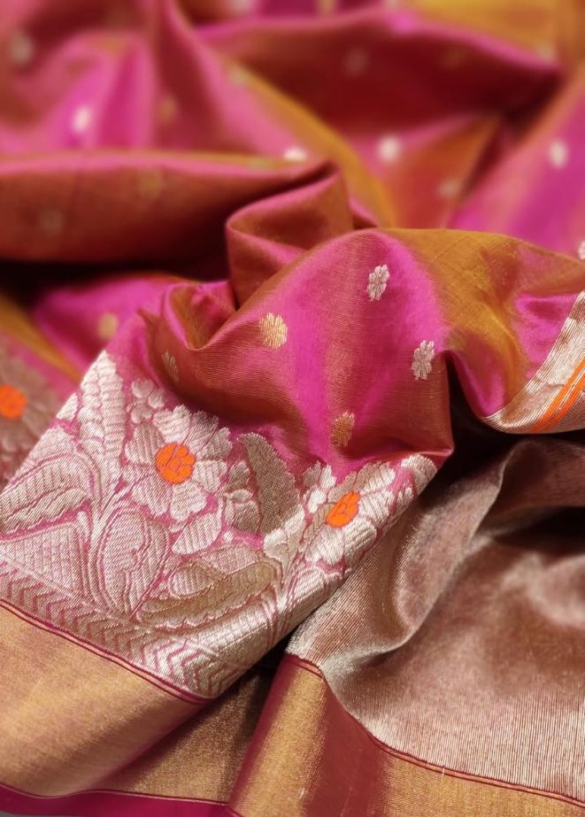 Dual Tone Pink Chanderi Handloom Pattu Silk Meenakari saree