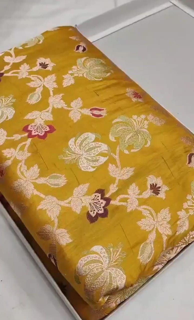 Dual Tone Turmeric Banarasi Handloom Katan Silk Meenakari Saree