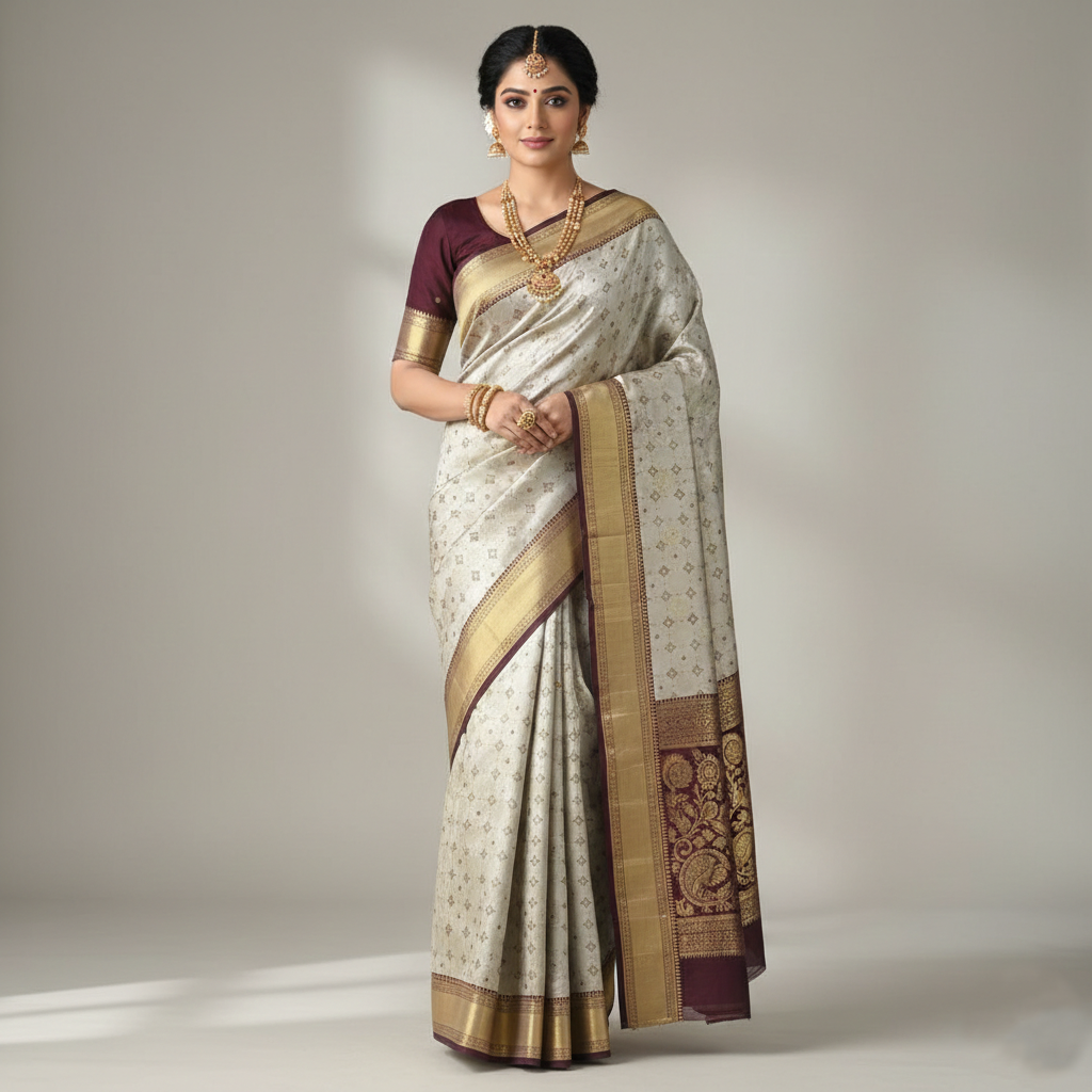 Beige Kanchipuram  Handloom Tissue Brocade Meenakari Silk Saree
