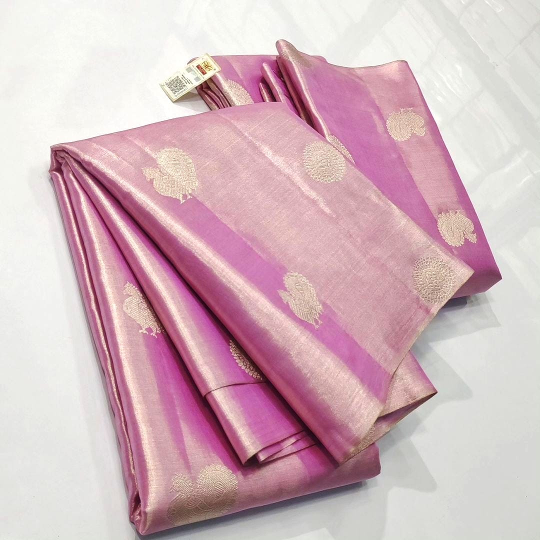 Pink Kanchipuram Handloom Tissue Silk Borderless Saree