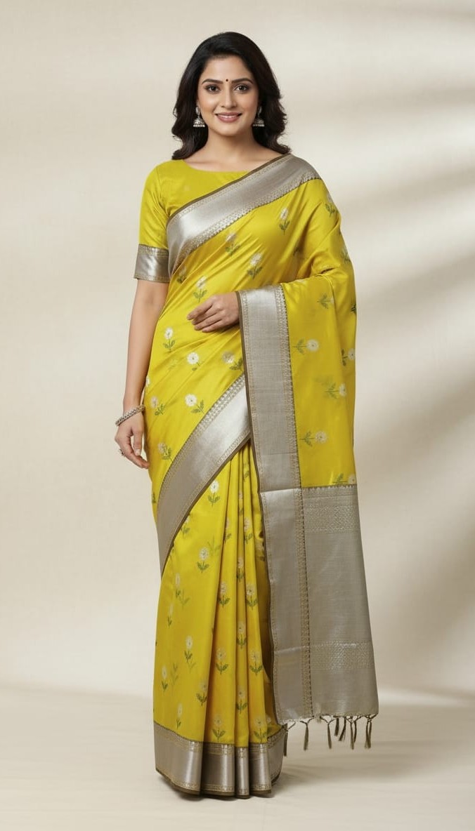 Lemon Chanderi Handloom Pattu Silk Meenakari Nakshi Saree