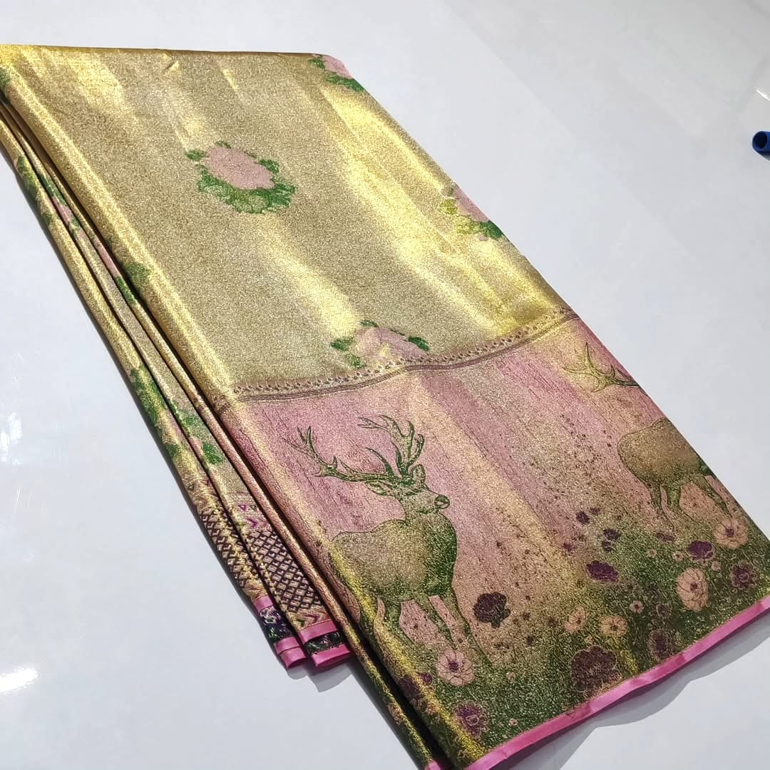 Gold Kanchipuram Handloom Tissue Brocade Silk Saree