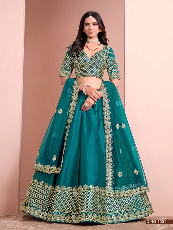 Aqua Blue Art Silk Lehenga with Thread & Sequins Work