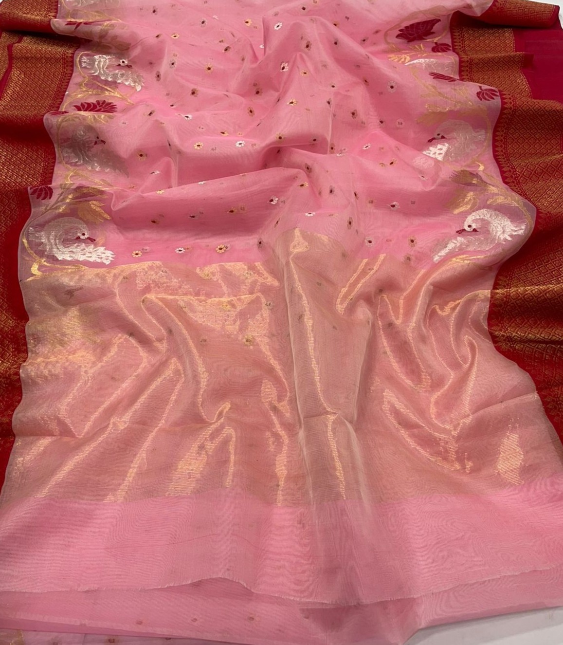 Coral Pink Chanderi handloom Katan Silk Meenakari Saree