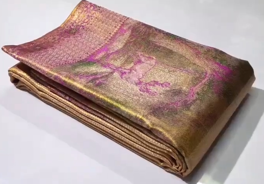 Gold and Hot Pink Kanchipuram Handloom Tissue Brocade Silk Saree