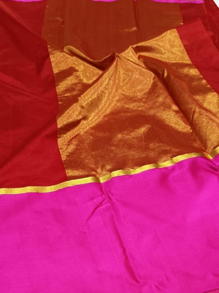 Red Chanderi Handloom Pattu Silk Mashru Borders Saree