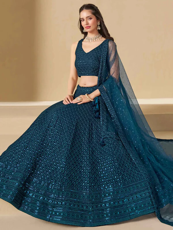 Teal Blue Georgette Lehenga with Sequins Embroidery