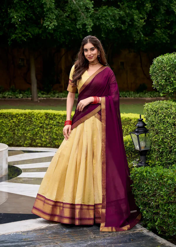 Classic Beige & Wine Zari Woven Silk Lehenga for Weddings