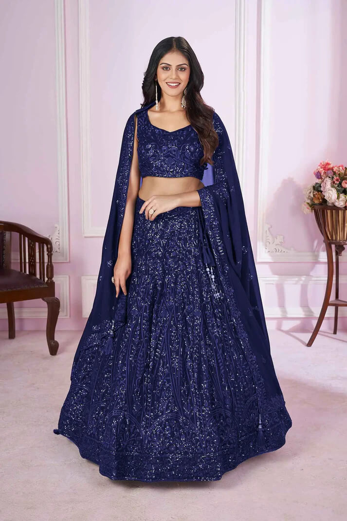 Navy Blue Georgette Lehenga with Sequins & Thread Embroidery