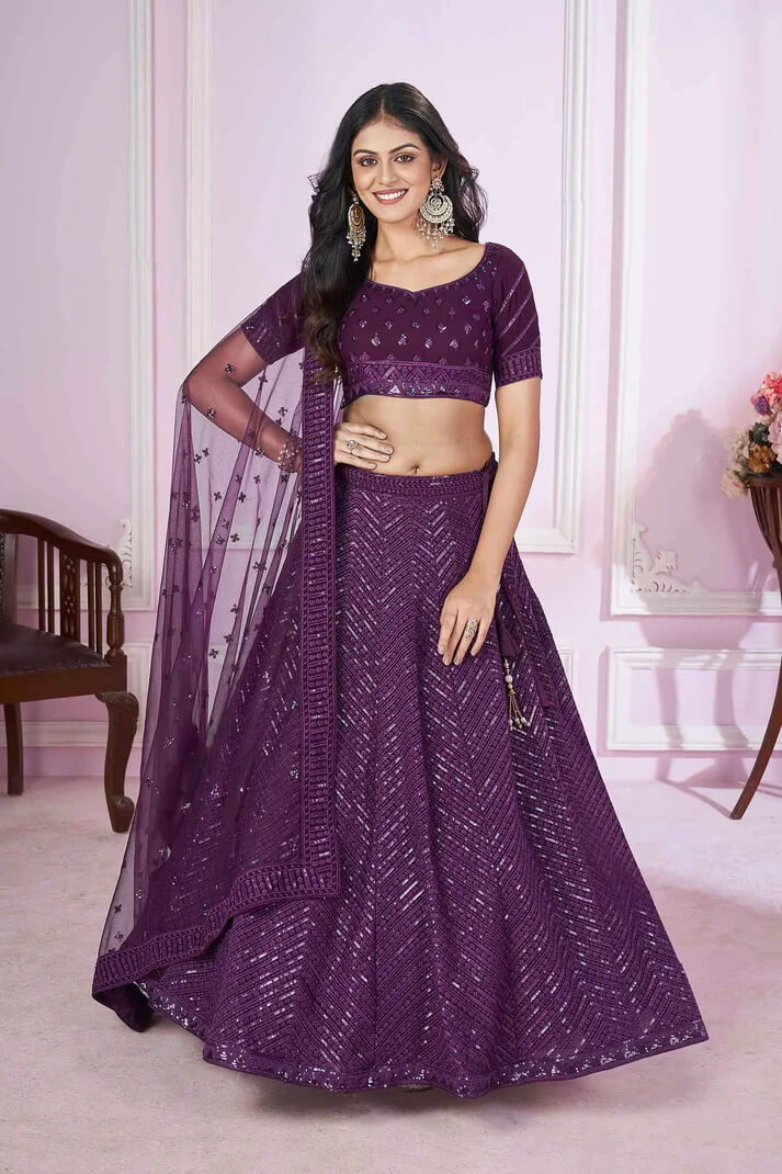Purple Georgette Lehenga with Sequins & Thread Embroidery