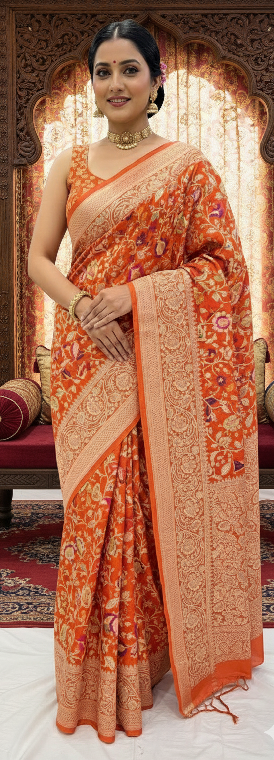Orange Banarasi Handloom Katan Silk Tilfi Meenakari Saree