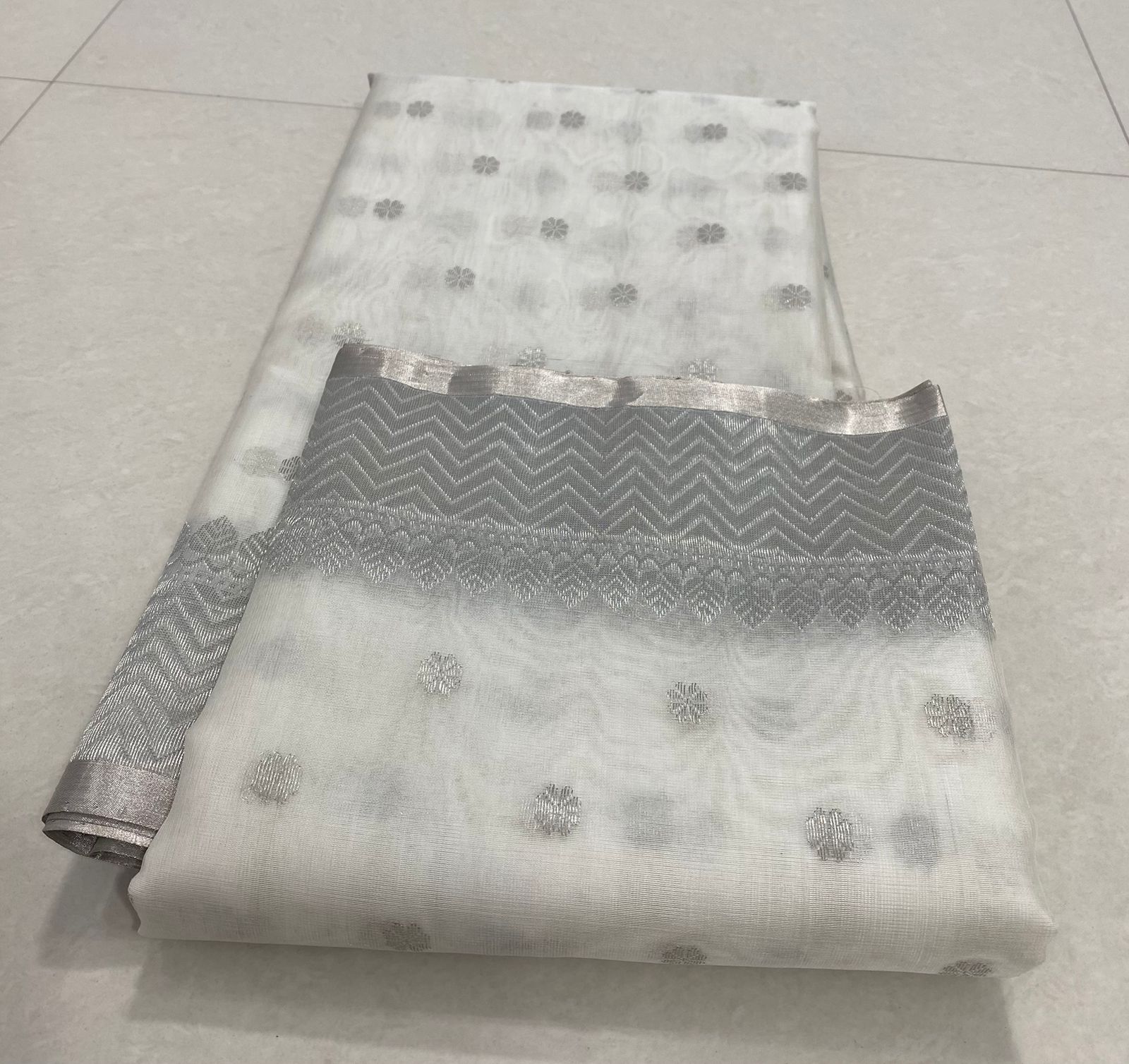 Pearl White Chanderi Handloom Katan Silk Saree