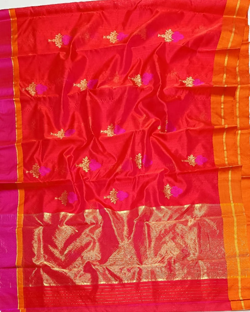 Red Chanderi Handloom Pattu Silk Eknal Buttas Saree