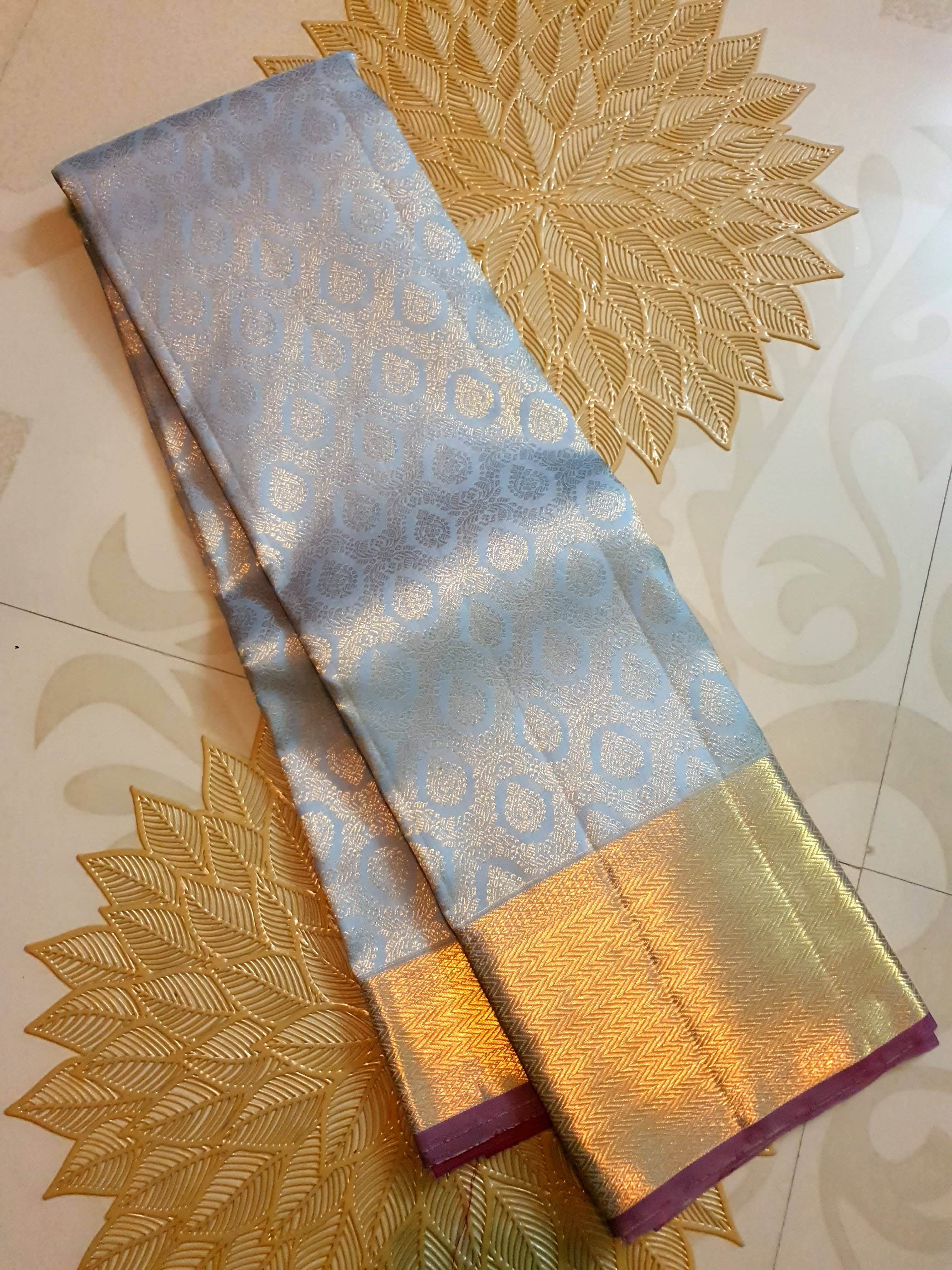Powder Blue Kanchipuram Handloom 2G Gold Pattu Silk Saree