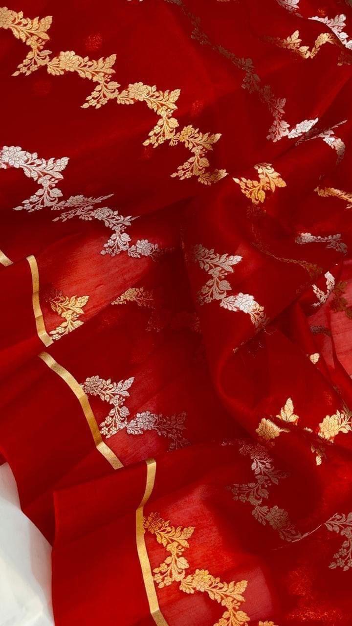 Rustic Red Banarasi Handloom Kora Organza Silk Saree