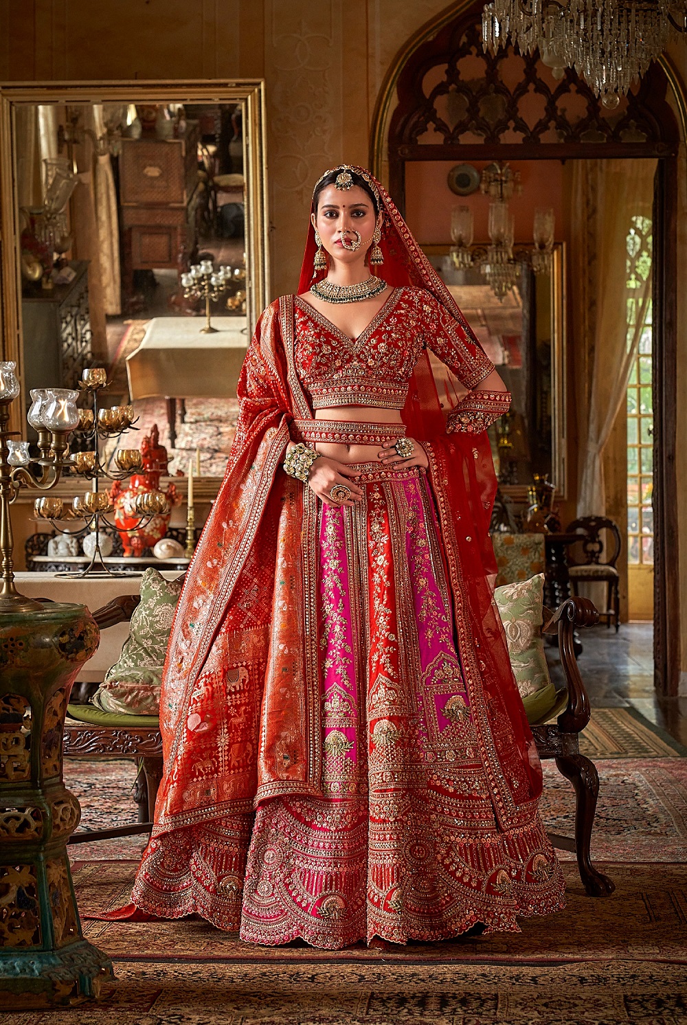 Bridal Red and Pink Heavy Embroidery & Pearl Work Lehenga