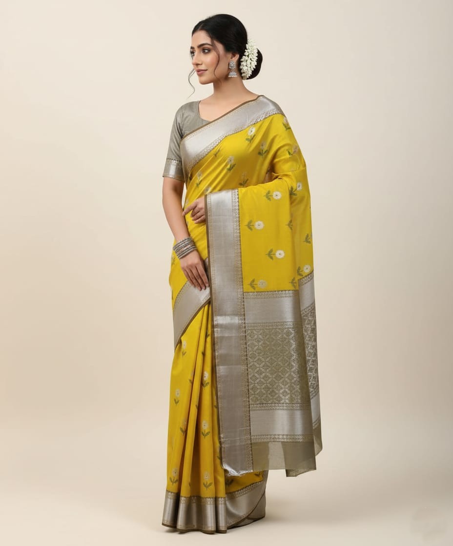 Lemon Chanderi Handloom Pattu Silk Meenakari Nakshi Saree