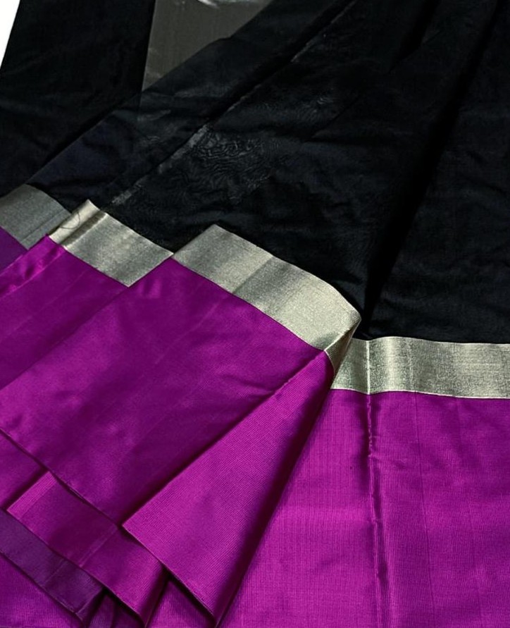 Black Chanderi Handloom Pattu Silk Mashru Borders Saree