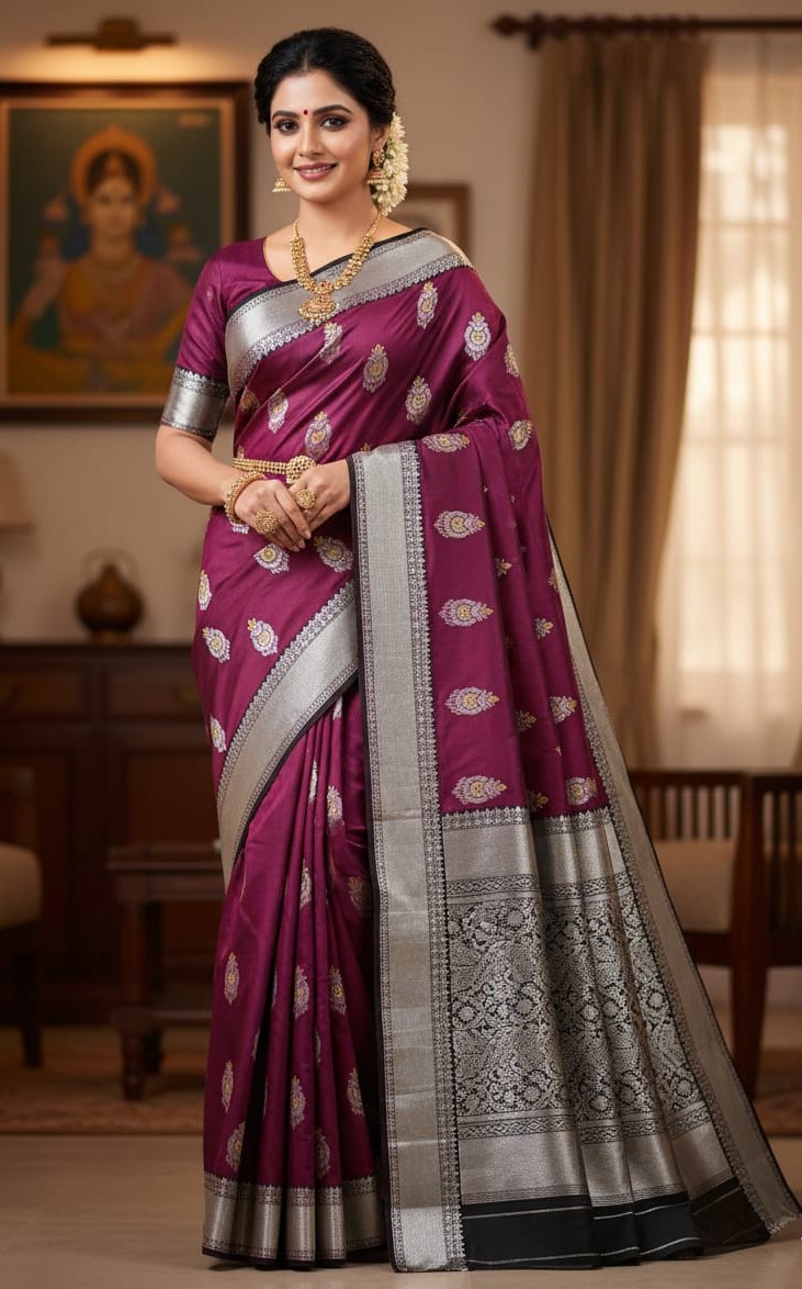 Magenta Chanderi Handloom Pattu Silk Meenakari Nakshi Saree