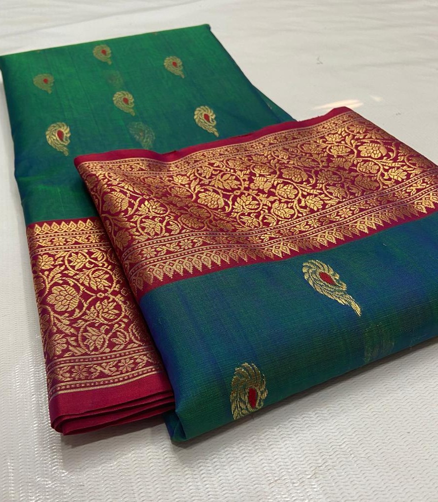 Peacock Green Chanderi Handloom Katan Silk Meenakari Saree