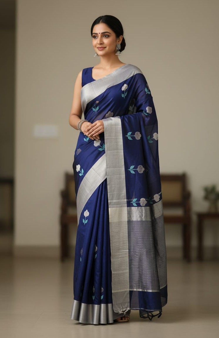Midnight Blue Chanderi Handloom Pattu Silk Meenakari Saree