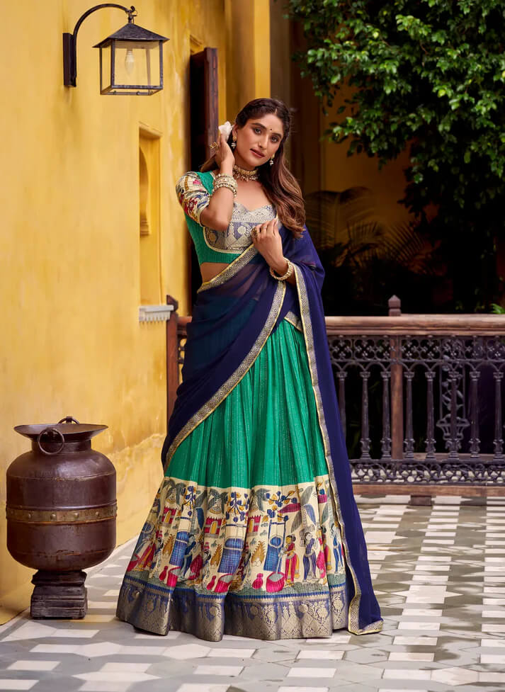 Teal Green Chanderi Lehenga with Kalamkari & Zari Work