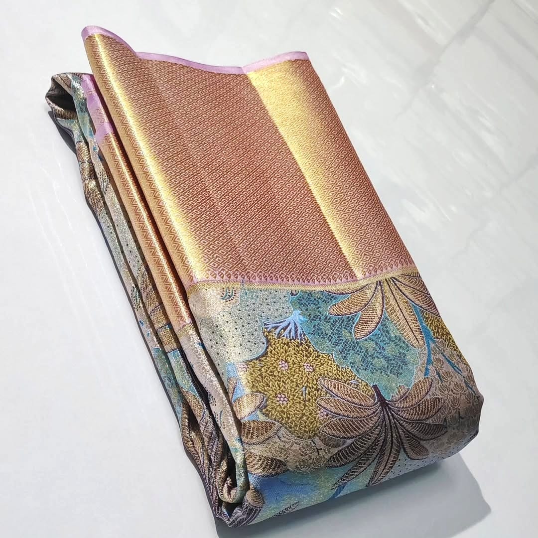 Baby Pink Kanchipuram Handloom Tissue Brocade Silk Saree
