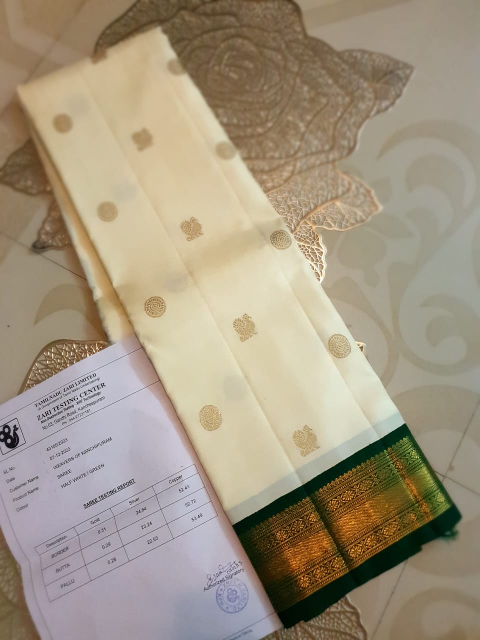 Cream Kanchipuram Handloom 4G Pure Gold Pattu Silk Saree