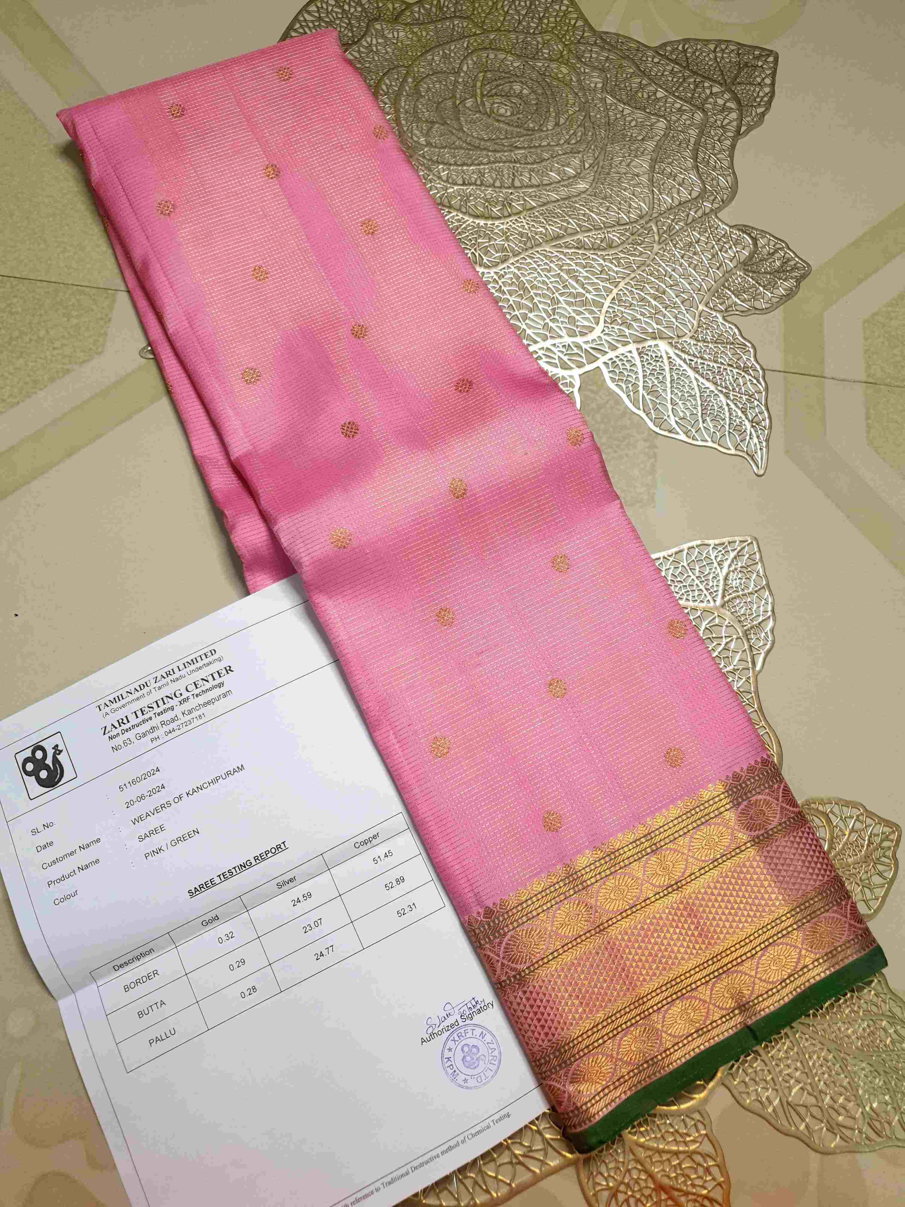 Pink Kanchipuram Handloom 4G Pure Gold Vairaoosi Silk Saree