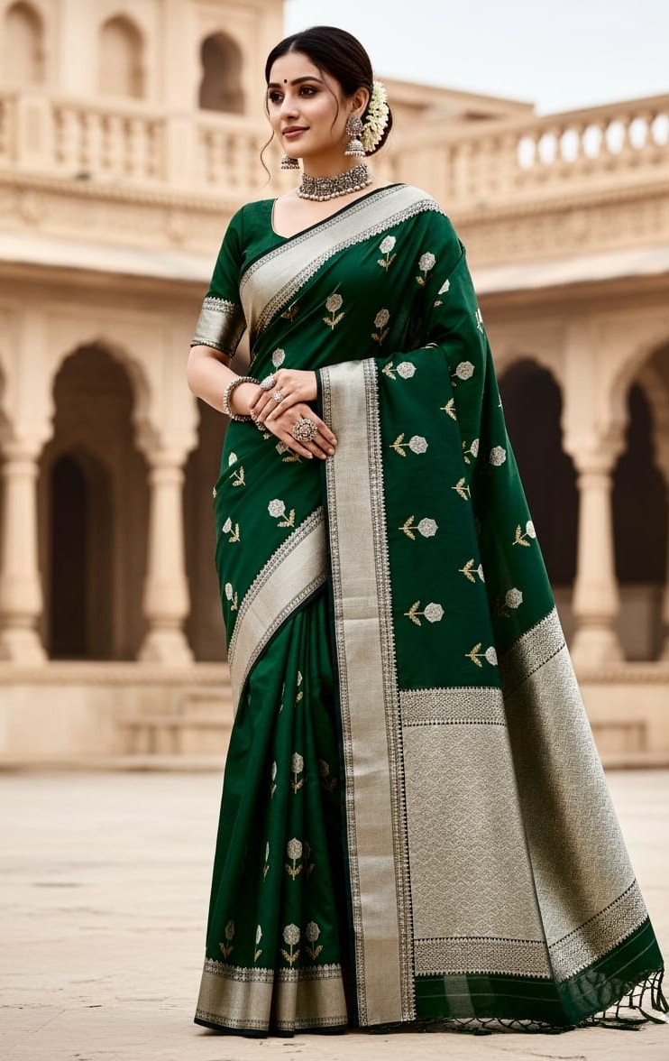 Bottle Green Chanderi Handloom Pattu Silk Meenakari Nakshi Saree