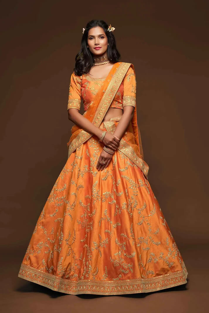 Orange  Silk Lehenga with Thread, Zari & Sequins Work