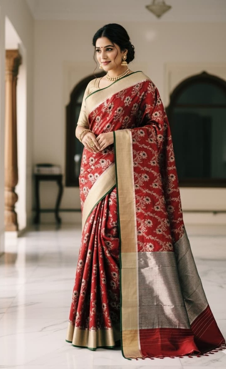 Red Chanderi Handloom Pattu Silk Meenakari Handwork Saree