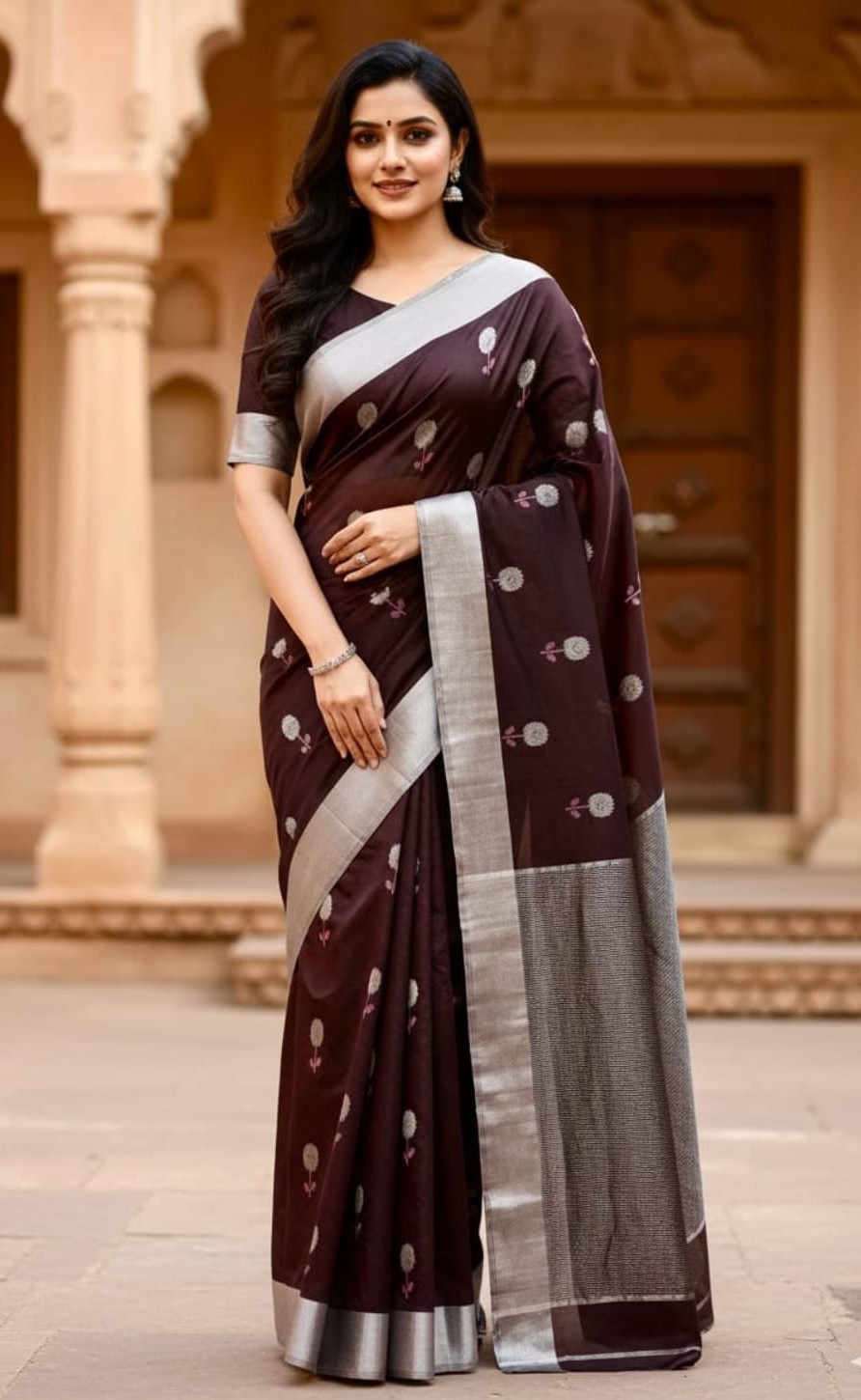 Wine Chanderi Handloom Pattu Silk Meenakari Saree