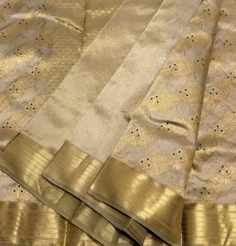 Brown Chanderi Handloom Pattu Silk Eknal Buttas Meenakari Saree