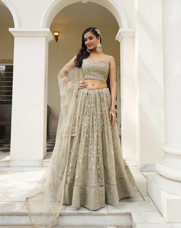 Elegant Ivory Net Embroidered Lehenga Choli