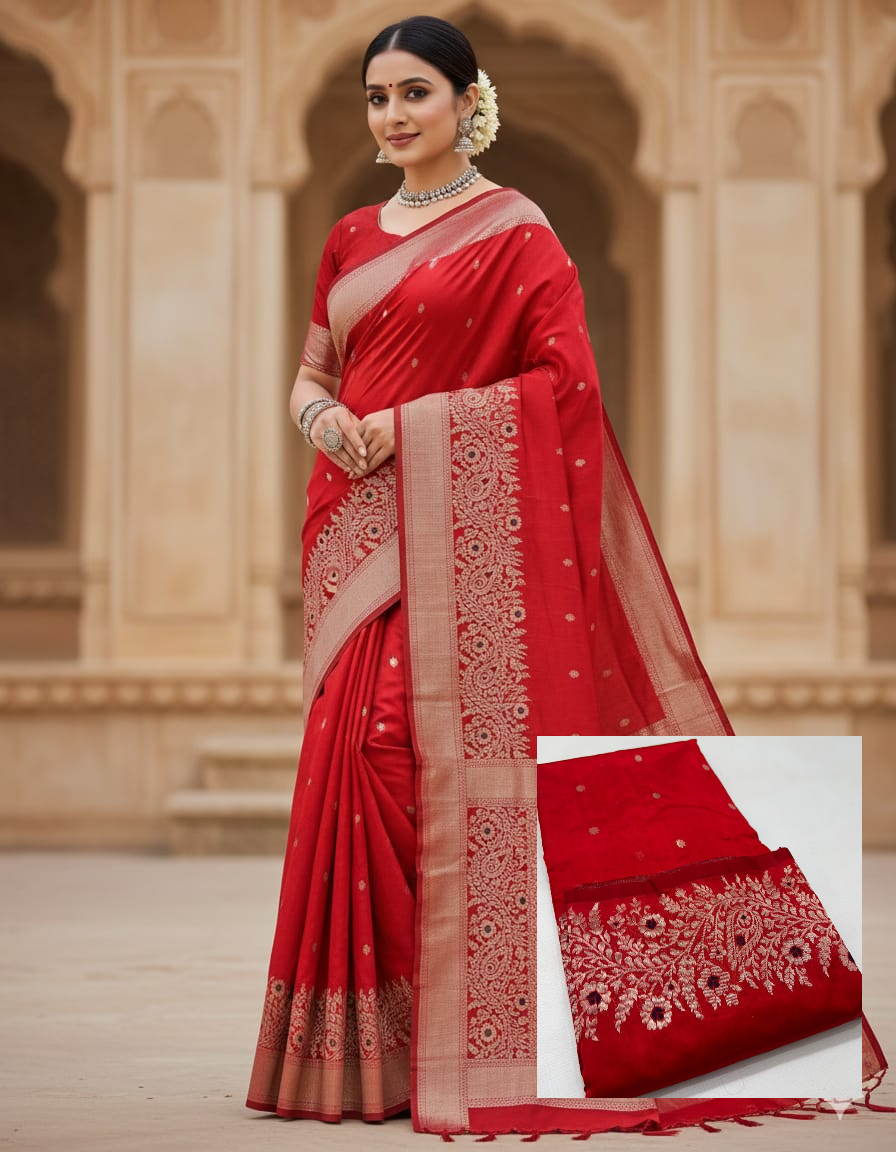 Red Chanderi Handloom Pattu Silk Meenakari Handwork Saree