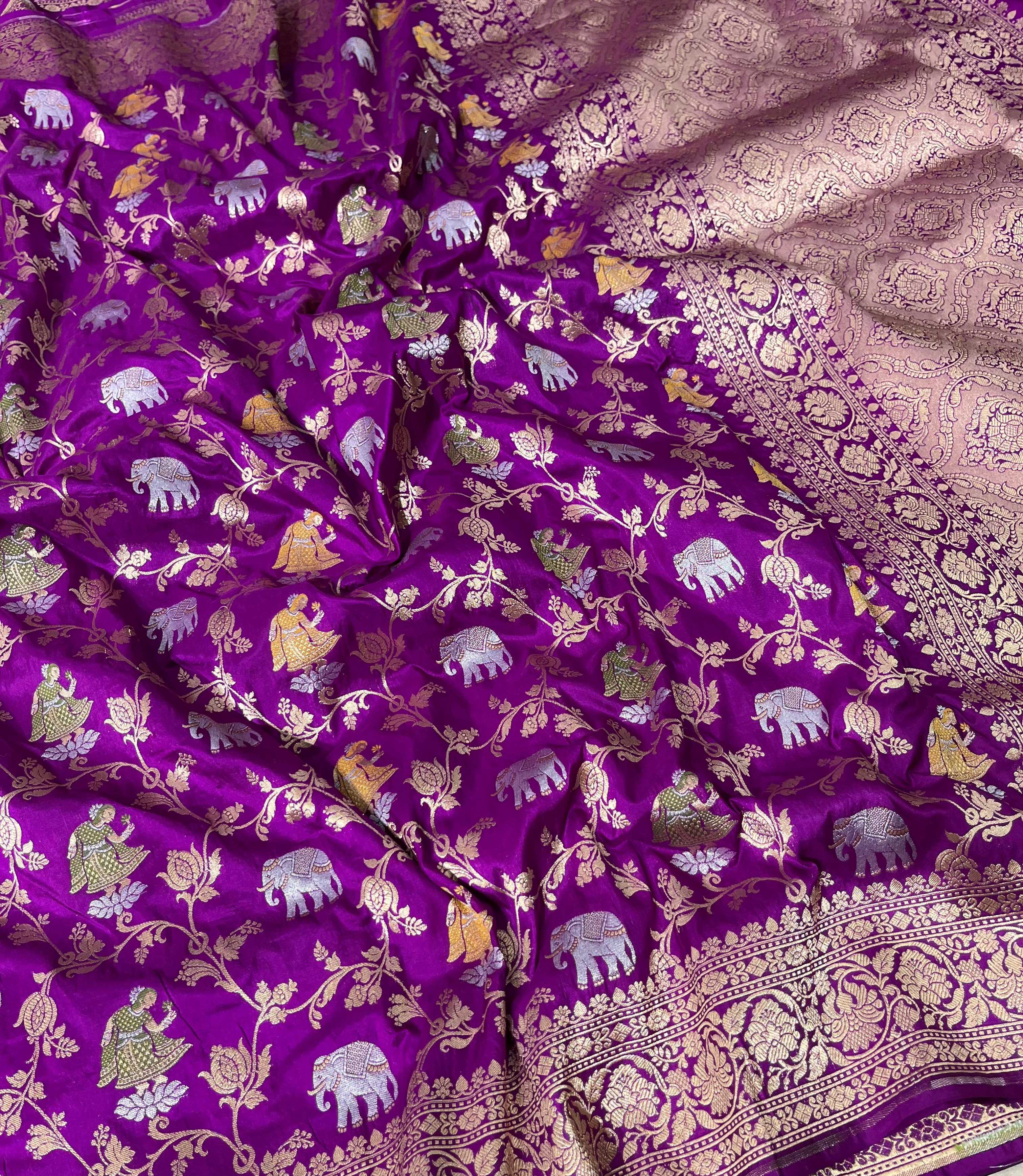 Purple Banarasi Handloom Katan Silk Shikargah Meenakari Saree