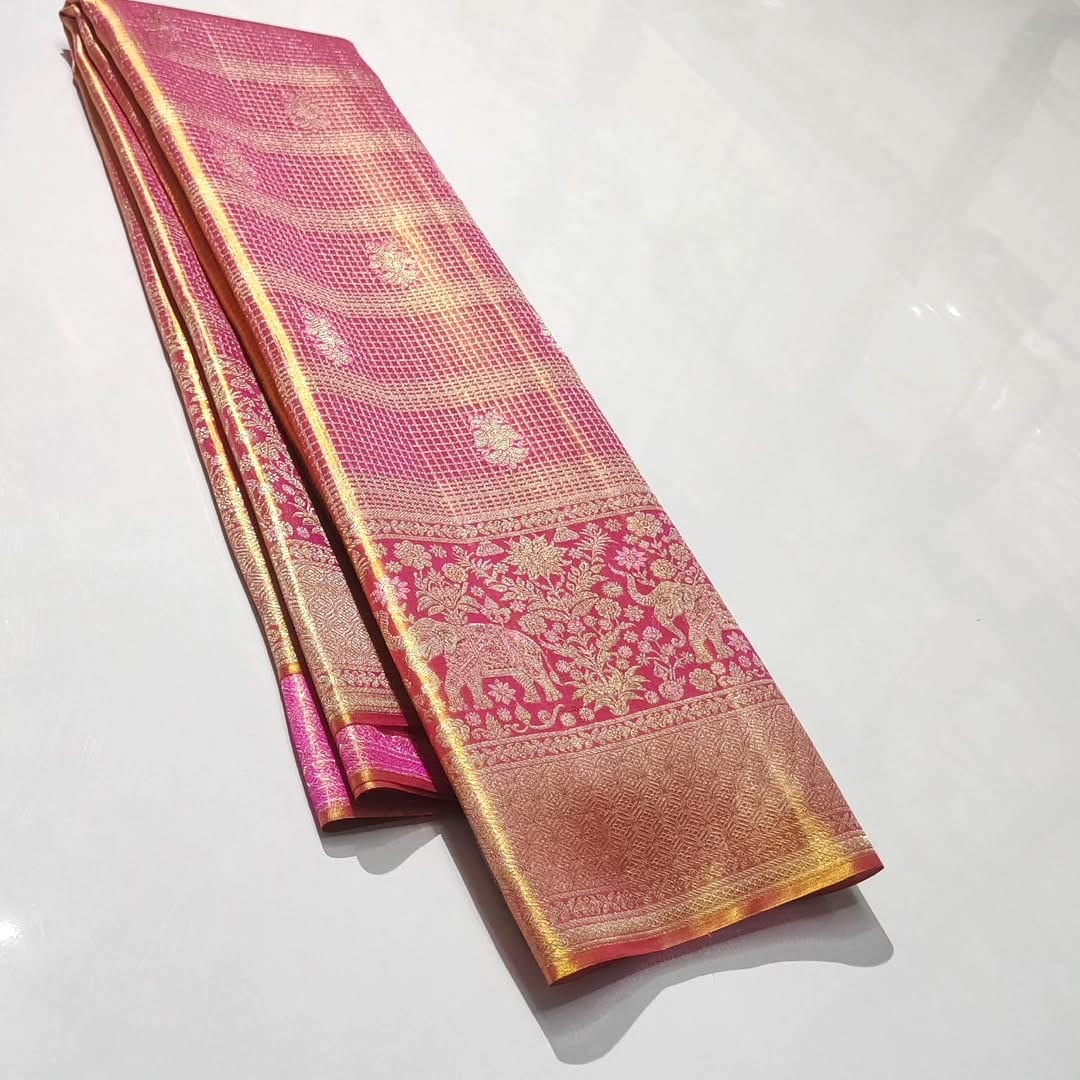 Hot Pink Kanchipuram Handloom Tissue Brocade Silk Saree