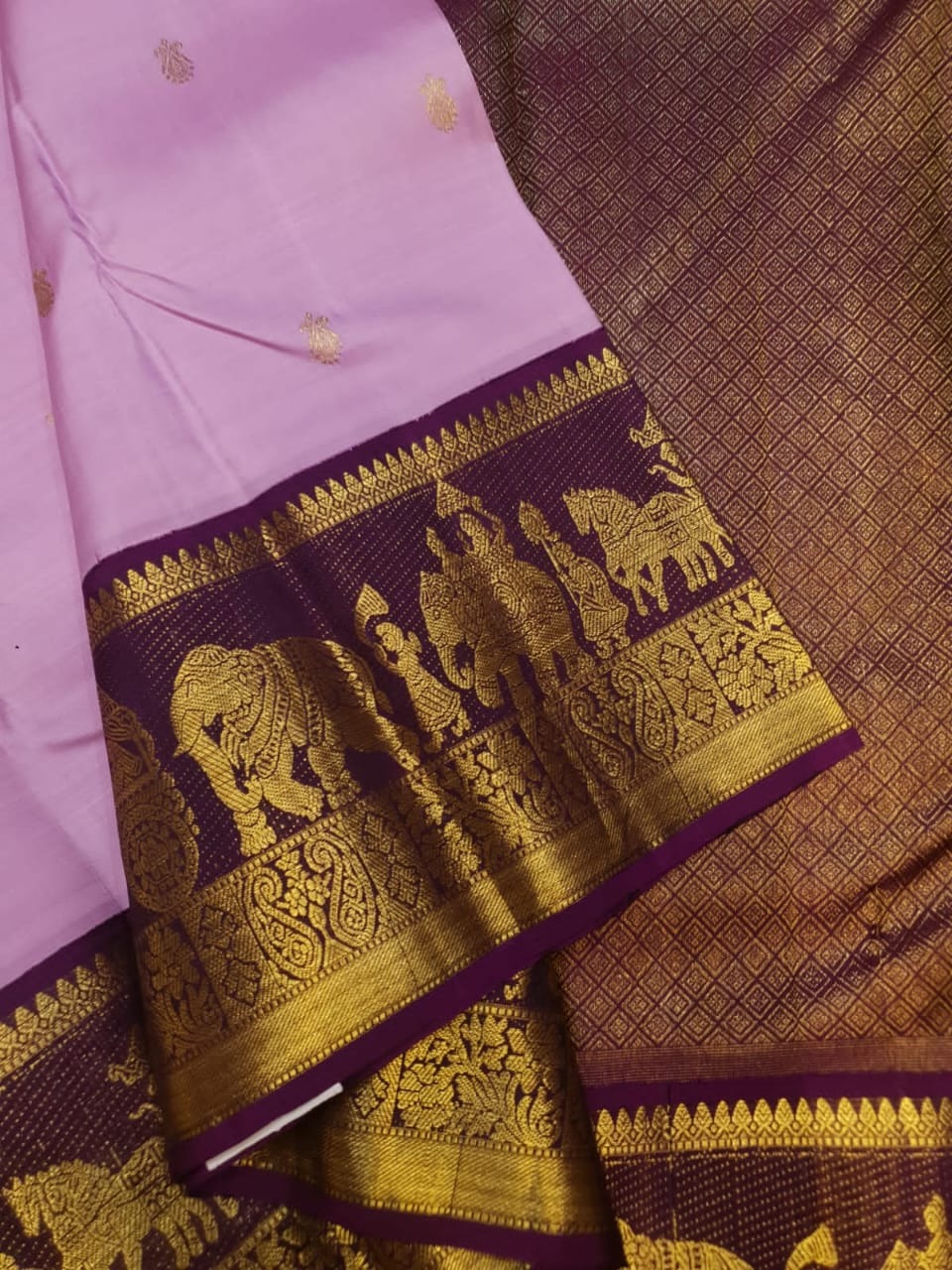 Onion Pink Kanchipuram Handloom 2G Gold Kalyana Pallakku Korvai Silk Saree