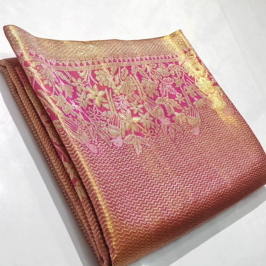 Hot Pink Kanchipuram Handloom Tissue Brocade Silk Saree
