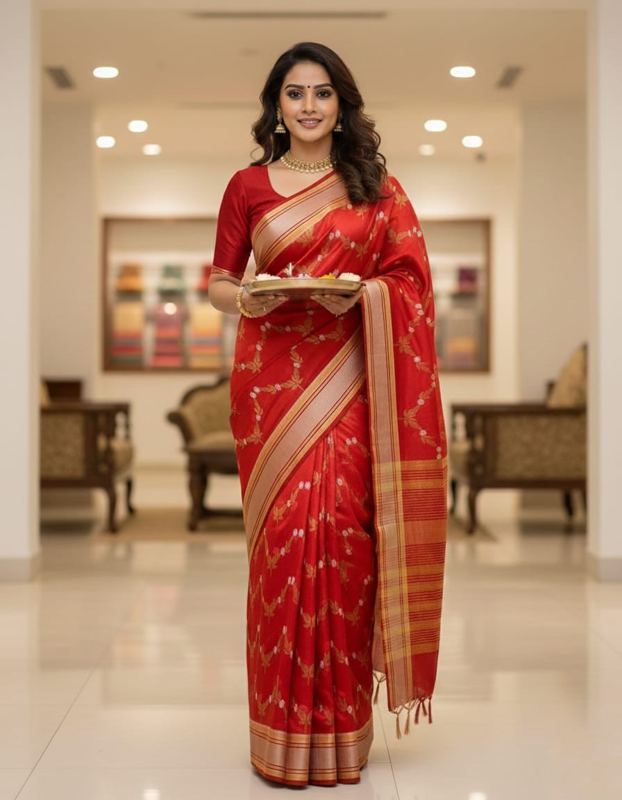 Red Chanderi Handloom Pattu Silk Meenakari Saree