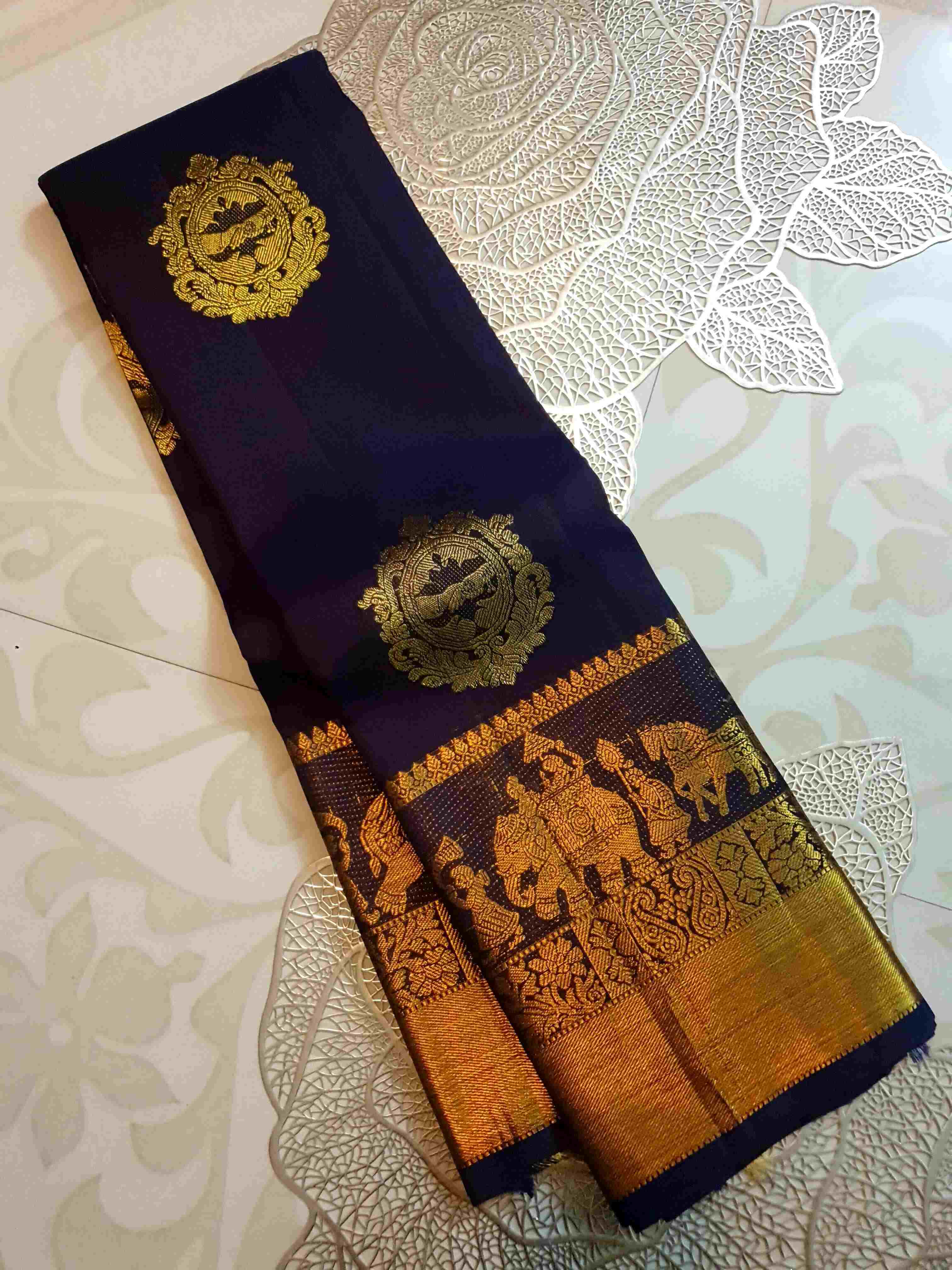 Indigo Kanchipuram Handloom 2G Gold Pattu Silk Saree