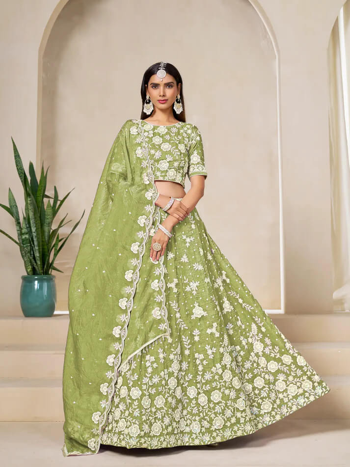 Tan Green Gold Embroidered Lehenga Choli
