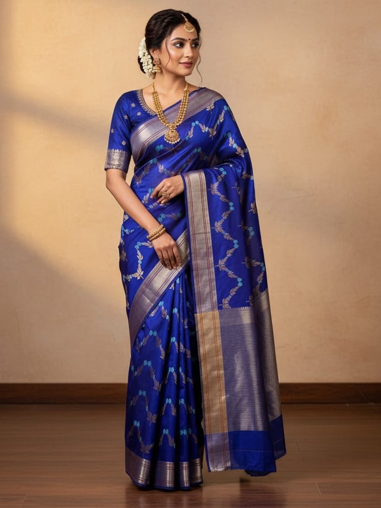 Azure Blue Chanderi Handloom Pattu Silk Meenakari Saree