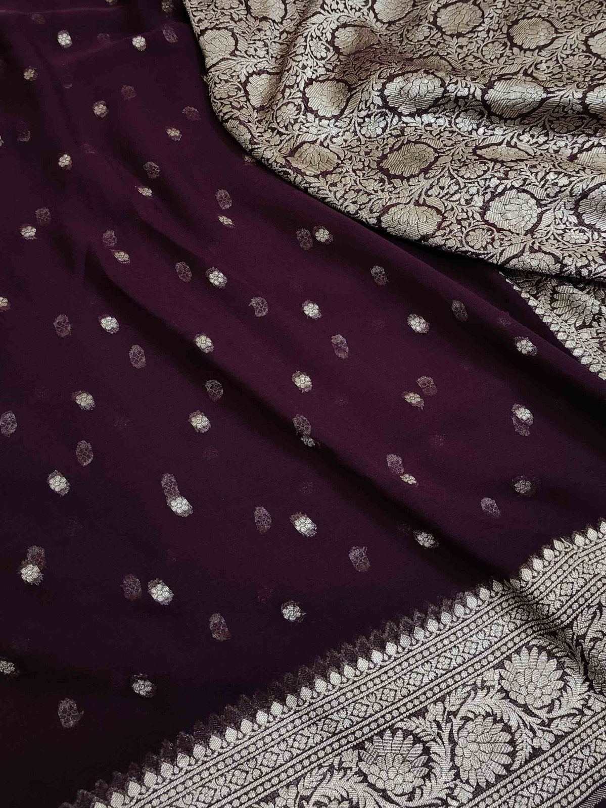 Wine Banarasi Handloom Water Zari Georgette Silk Saree