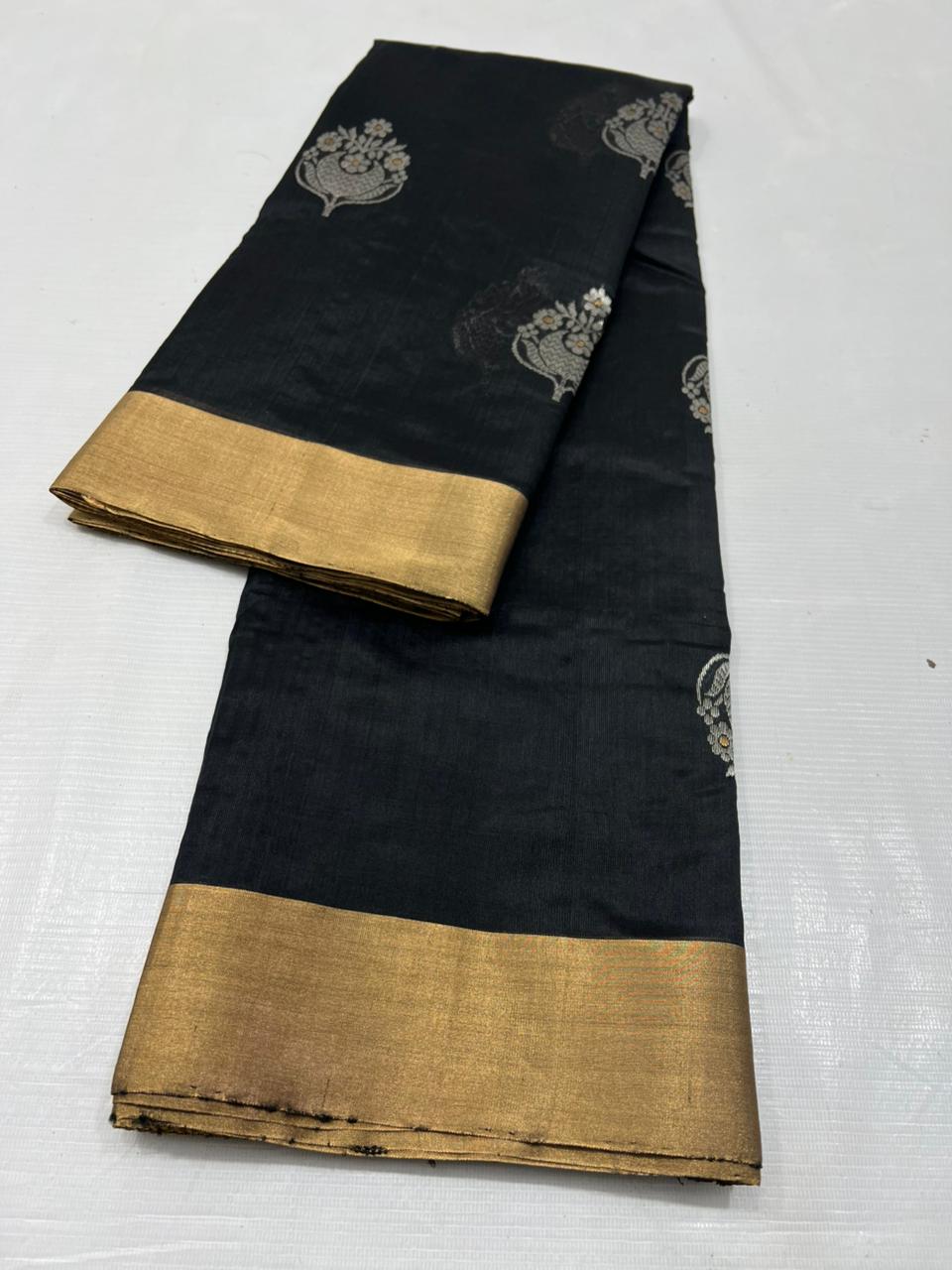 Black Chanderi Handloom Pattu Silk Meenakari Saree
