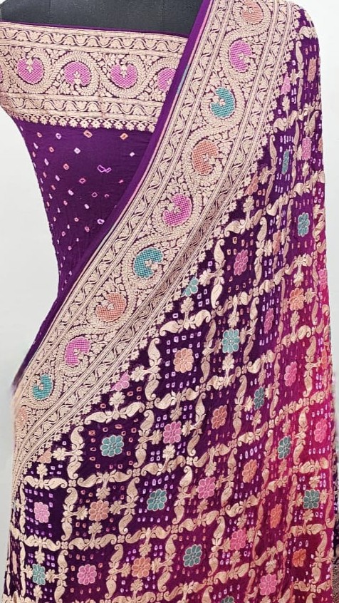Magenta Banarasi Handloom Gold Zari Bandhani Georgette Silk Saree