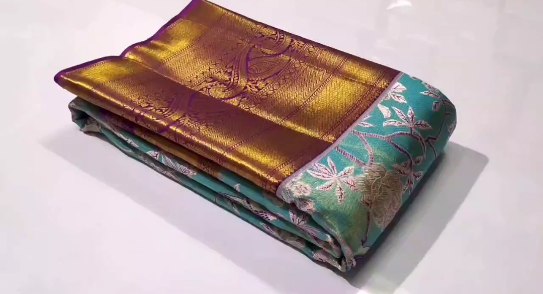 Turquoise Kanchipuram Handloom 4D Tissue Brocade Silk Saree