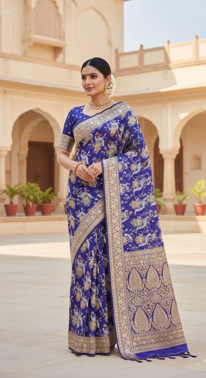 Purple Banarasi Handloom Katan Silk Shikargah Meenakari Saree