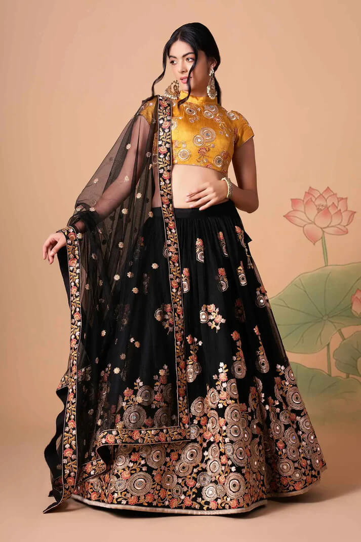 Black Net Lehenga with Zari, Sequins & Mirror Work